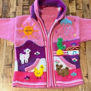 Pink Kids Hooded Zip Sweater with Farm Animal Appliqués